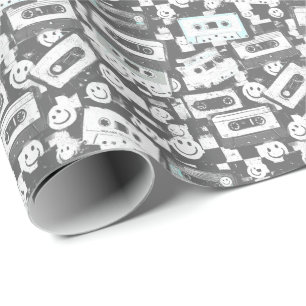 90er-Kassette & Smiley-Wrap-Papier - Monochrom Geschenkpapier
