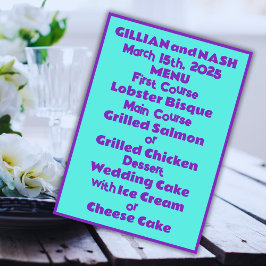 90er Lila auf Aquamariner Hochzeit Menükarte