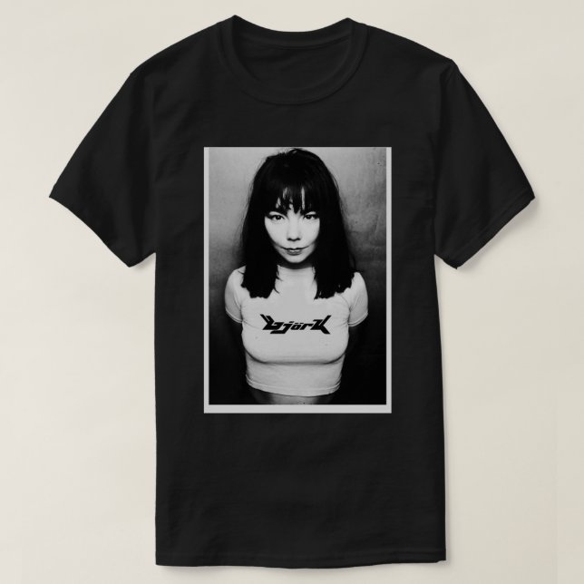 90er Schwarz-weiße Björk Postcard T-Shirt (Design vorne)