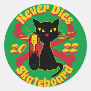 90er, Skateboard Katze, Skateboard stirbt nie Runder Aufkleber