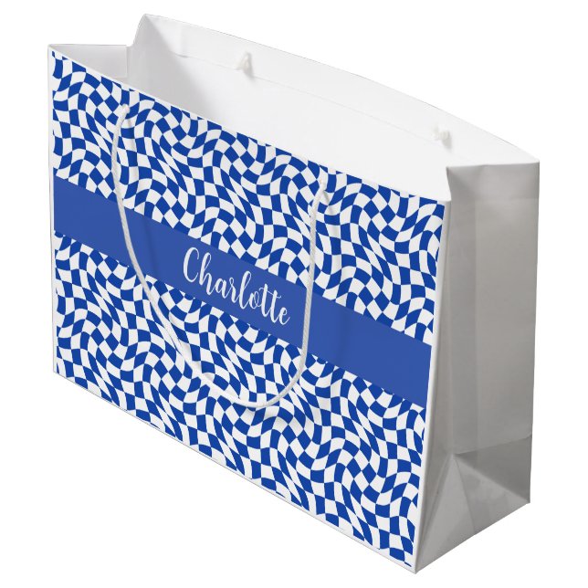 90er-Thema blau kariert Name Monogramm Große Geschenktüte (Rückseite Schrägansicht)