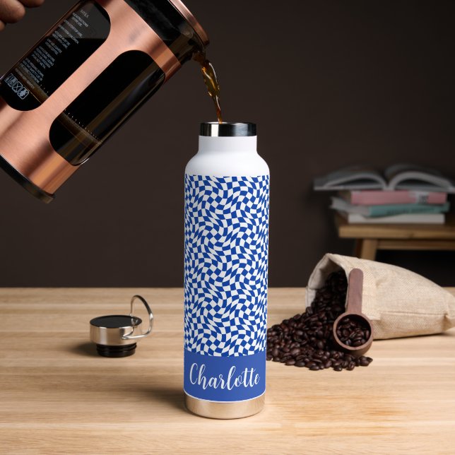 90er-Thema blau kariert Name Monogramm Trinkflasche (Kaffee (gedreht))