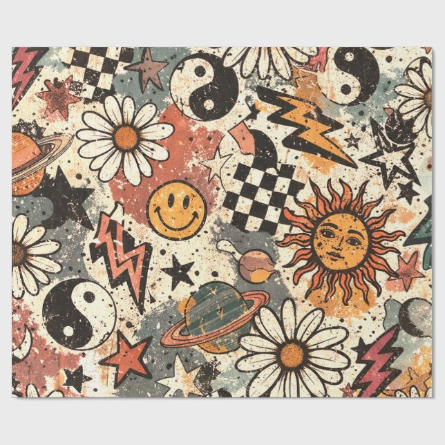 90s Happy Faces Sun Flowers Pattern Geschenkpapier (Flach)
