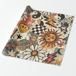 90s Happy Faces Sun Flowers Pattern Geschenkpapier