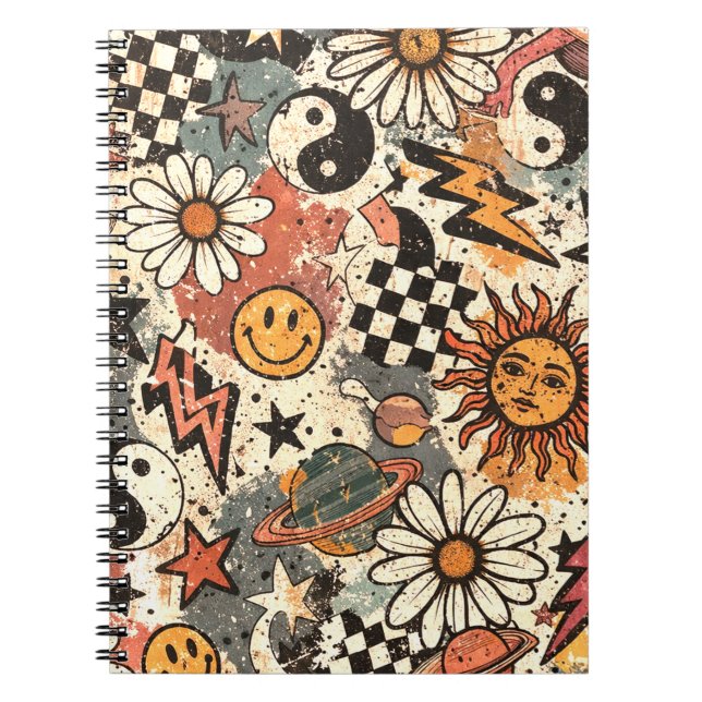 90s Happy Faces Sun Flowers Pattern Notizblock (Vorderseite)