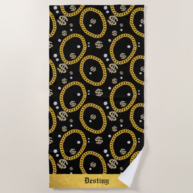  90's Hip Hop Rap Music Gold Cuban Link Chain Strandtuch (Vorderseite)