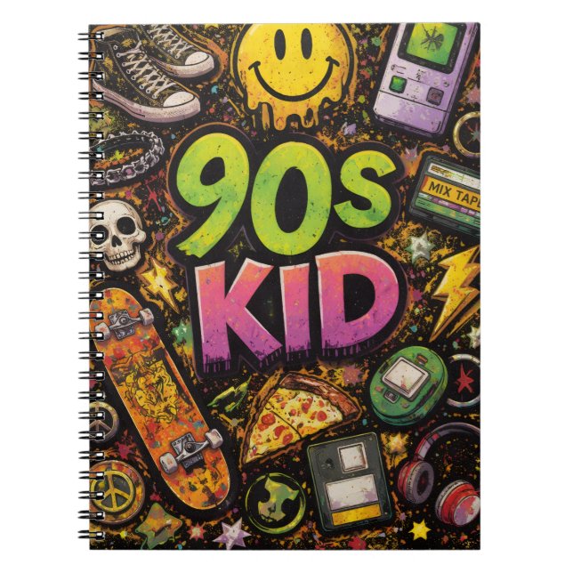 90s Kids Retro Pizza Smiley Face Flower Design Notizblock (Vorderseite)