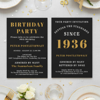 90th Birthday 1936 Black Gold Personalized For Him Einladung