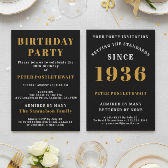 90th Birthday 1936 Black Gold Personalized For Him Einladung (1936 invitation. White background.)