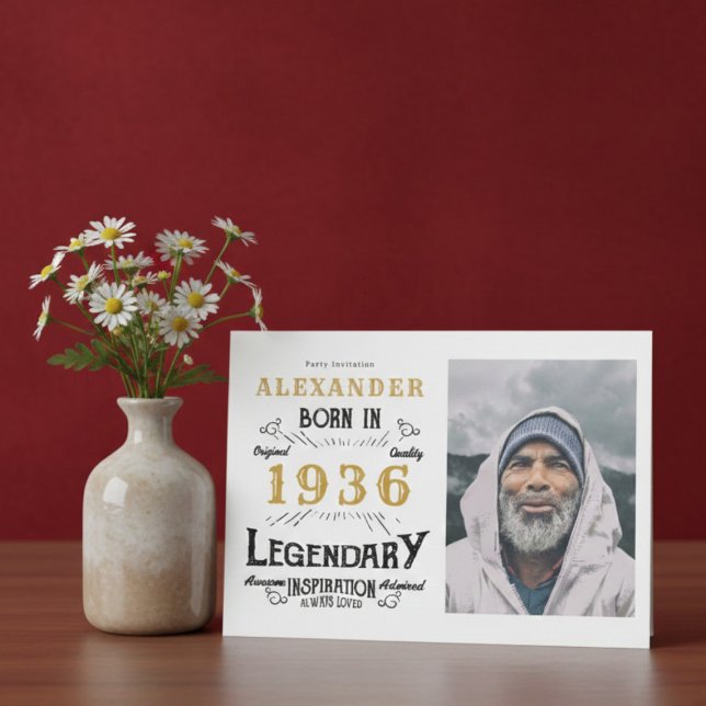 90th Birthday 1936 Legend White & Gold Photo Einladung (Born 1936 party invitation)