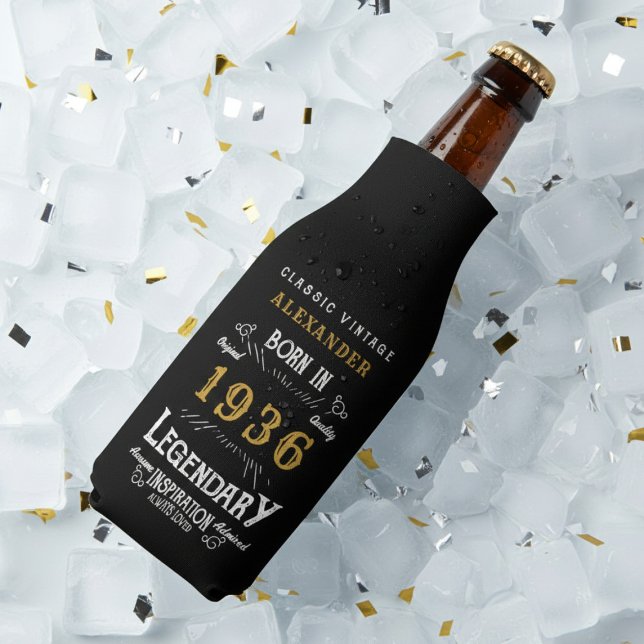90th Birthday 1936 Name Legend Chic Black Gold Flaschenkühler (Born 1936 bottle cooler on ice.)