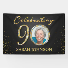 90th Birthday Banner, Black Gold Custom Photo  Banner