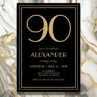 90th Birthday Black and Gold Modern Minimal Adult Einladung