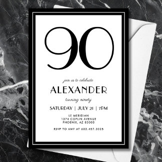 90th Birthday Black and White Modern Minimalist  Einladung