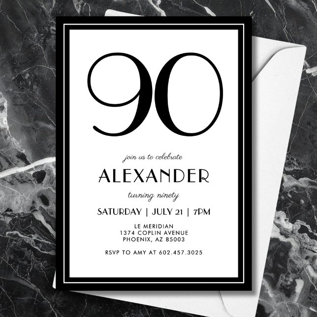 90th Birthday Black and White Modern Minimalist  Einladung (Modern black and white birthday style—minimalist typography for a timeless 90th.)