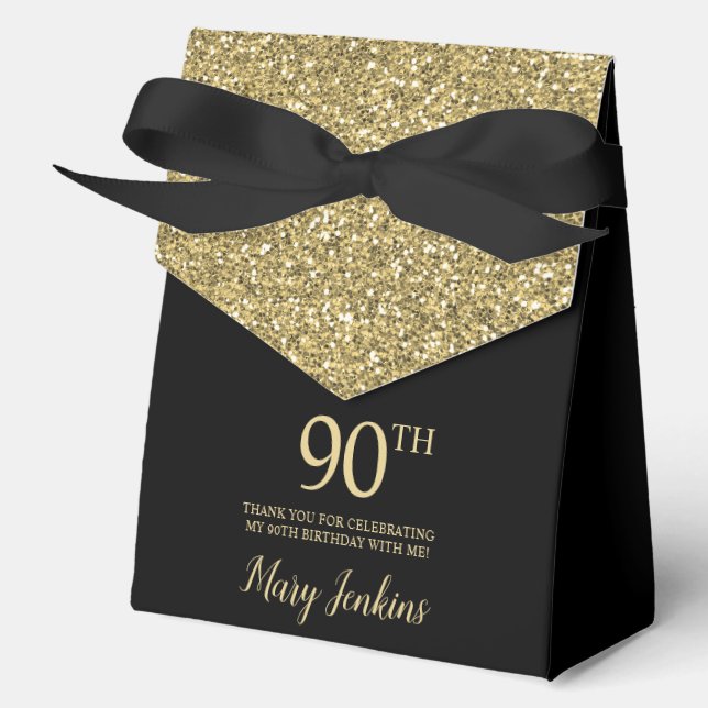 90th Birthday Black Gold Glitter Thank You Geschenkschachtel (Vorderseite)