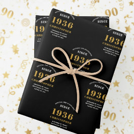 90th Birthday born 1936 Add Name Black Gold Geschenkpapier Set