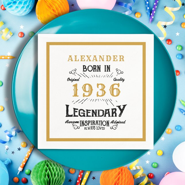 90th Birthday Born 1936 White Gold Legend Serviette (Born 1936 Napkin on a blue plate.)