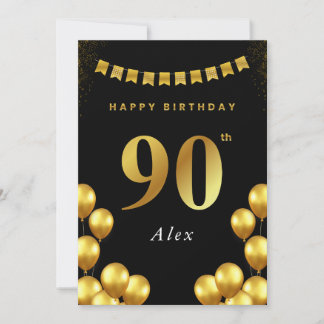 90th Birthday Card Black and Gold Balloons Karte