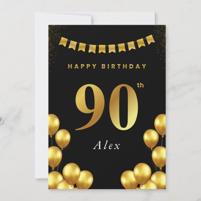 90th Birthday Card Black and Gold Balloons Karte (Vorderseite)