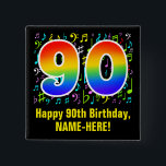 90th Birthday: Colorful Music Symbolik, Rainbow 90 Button<br><div class="desc">This fun, vibrant, and colorful birthday-themed button design feature a large number "90" having a rainbow spectrum gradient inspirred pattern. IT feature the message "Happy 90th Birthday", and a personalized name. Part of the background feature a pattern of various music notes and symbos having a variety of colors and sizes....</div>