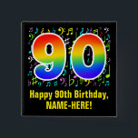 90th Birthday: Colorful Music Symbolik, Rainbow 90 Button<br><div class="desc">This fun, vibrant, and colorful birthday-themed button design feature a large number "90" having a rainbow spectrum gradient inspirred pattern. IT feature the message "Happy 90th Birthday", and a personalized name. Part of the background feature a pattern of various music notes and symbos having a variety of colors and sizes....</div>
