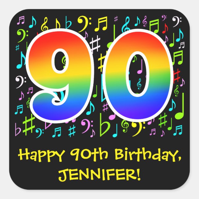 90th Birthday: Colorful Music Symbolik, Rainbow 90 Quadratischer Aufkleber (Vorderseite)