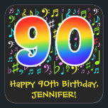 90th Birthday: Colorful Music Symbolik, Rainbow 90 Quadratischer Aufkleber<br><div class="desc">Dieses lustige, lebendige und farbenfrohe Geburtstags-Thema Aufkleber Design verfügt über eine große Zahl "90" mit einem inspirierten Regenbogenspektrum-Gefälle, zusammen mit der Meldung "Happy 90 th Birthday", und einem individuelle Name. Ein Teil des Hintergrundes weist verschiedene Musiknoten und Symbole mit verschiedenen Farben und Größen auf. Spaß, individuell gestaltbare Geburtstagsaufkleber wie diese...</div>