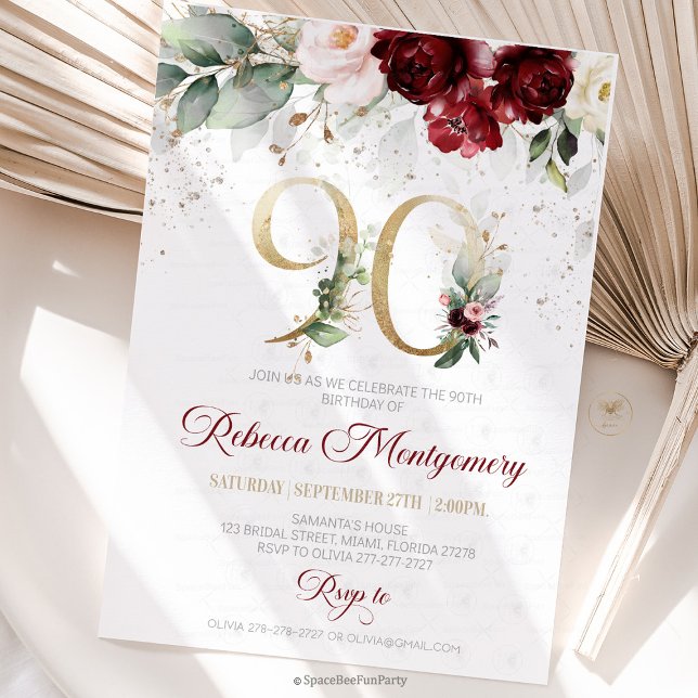 90th birthday Elegant Milestone invitation RSVP Karte (90th birthday invitation, editable sage green invitation, elegant floral design,  year old brunch, 9)