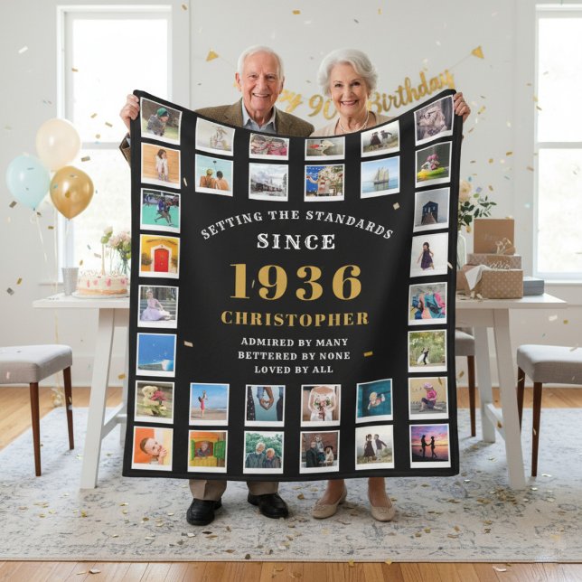 90th Birthday Family Memories Photo Collage  Fleecedecke (Born 1936 fleece blanket held by a couple.)