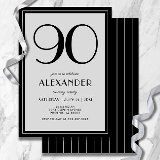 90th Birthday Modern Minimalist Mens Black Gray Einladung
