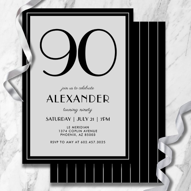 90th Birthday Modern Minimalist Mens Black Gray Einladung (Modern black and light gray design—minimal, bold, and effortlessly stylish.)