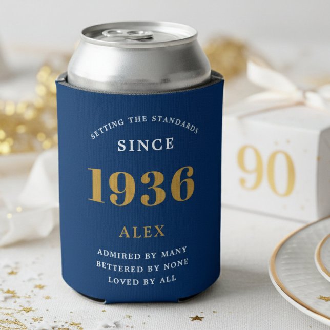 90th Birthday Name 1936 Blue Gold Elegant Chic Dosenkühler (Blue 1936 can cooler with white background.)