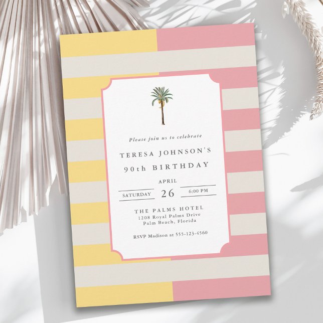 90th Birthday Palm Beach Pastel Stripe Tropical Einladung (Von Creator hochgeladen)