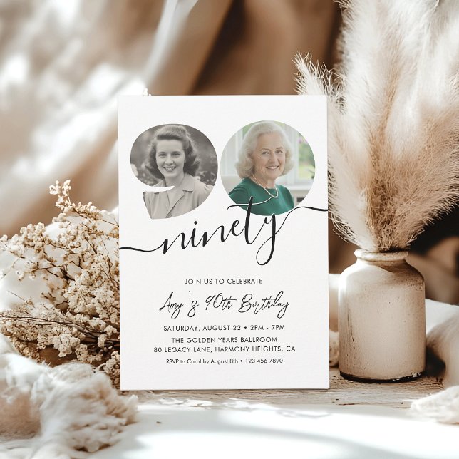 90th Birthday Party Elegant 2 Photo Birthday Einladung (Von Creator hochgeladen)