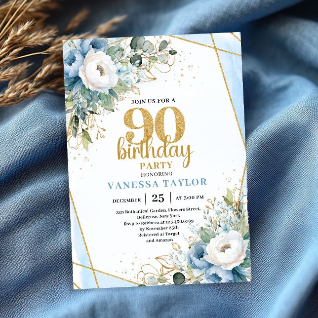 90th Birthday Party Invite Watercolor Blue Flowers Einladung (90th Birthday Party Invite Watercolor Blue Flowers Glitter

)