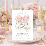90th Birthday Party Pink Coquette Bow Rose Floral Einladung<br><div class="desc">A large blush pink coquette bow is decorated with elegant pink roses on this birthday invitation. Classic script calligraphy lets your guests know it's a milestone birthday. Easy to personalize with your party details.</div>