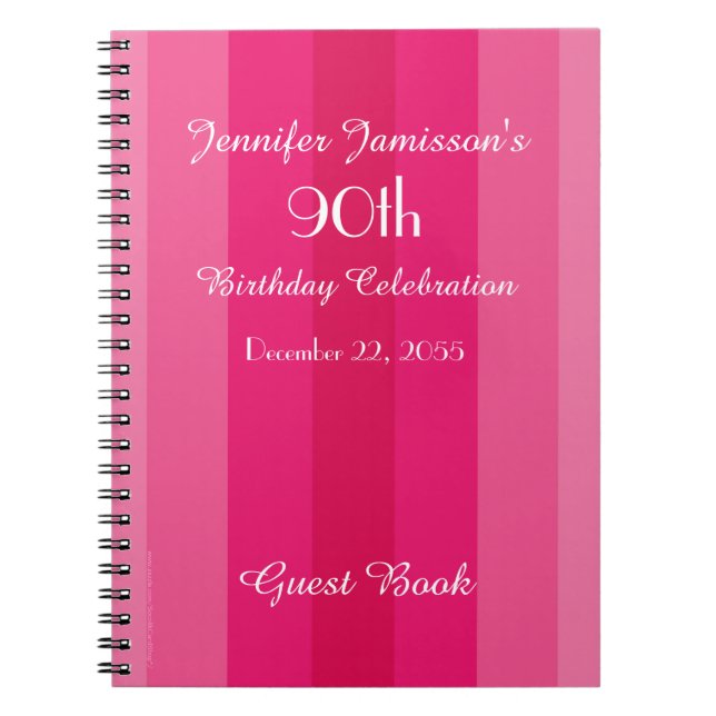 90th Birthday Party Pink Stripe Guest Book Spiral Notizblock (Vorderseite)