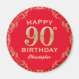 90th Birthday Party Red and Gold Glitter Frame Magnet