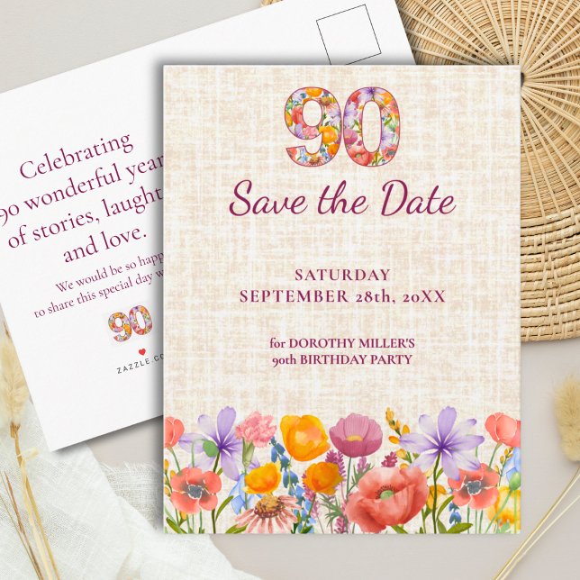 90th Birthday Party - Wildflower Save the Date Ankündigungspostkarte (Von Creator hochgeladen)