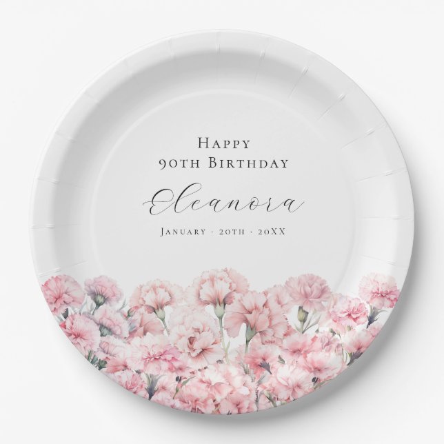 90th Birthday Pink Carnation January Birth Flower Pappteller (Vorderseite)