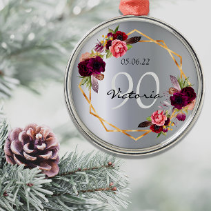 90th birthday silver geometric floral burgundy ornament aus metall
