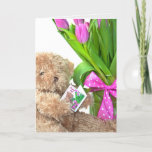 90th Birthday teddy bear with tulip bouquet Karte<br><div class="desc">Brown teddy bear with pink tulip bouquet a greeting card for 90th birthday begratulations</div>