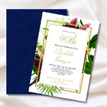 90TH Blue Gold Floral Elegant Moderner Geburtstag Einladung<br><div class="desc">Ein marineblau strukturiertes Muster ist der Hintergrund für diese große blumengeschmückte,  lebende Korallenbukett aus dem 90. Ein elegantes modernes Design,  das sich leicht an Ihre eigenen Informationen anpassen lässt. Ein modernes,  elegantes Design von Just Fine Designs</div>