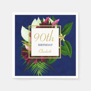 90TH Blue Gold Floral Elegant Moderner Geburtstag Serviette