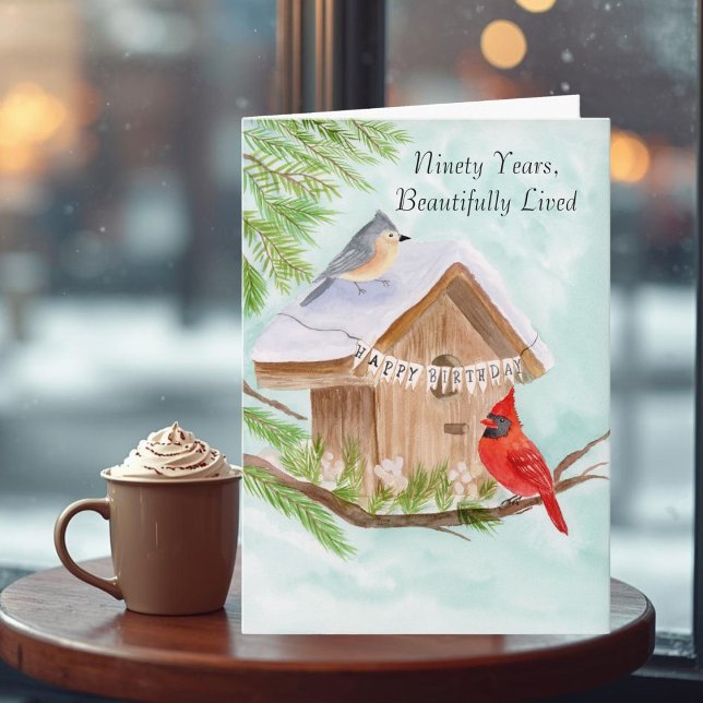 90th Happy Birthday Birds at Birdhouse Karte (Von Creator hochgeladen)