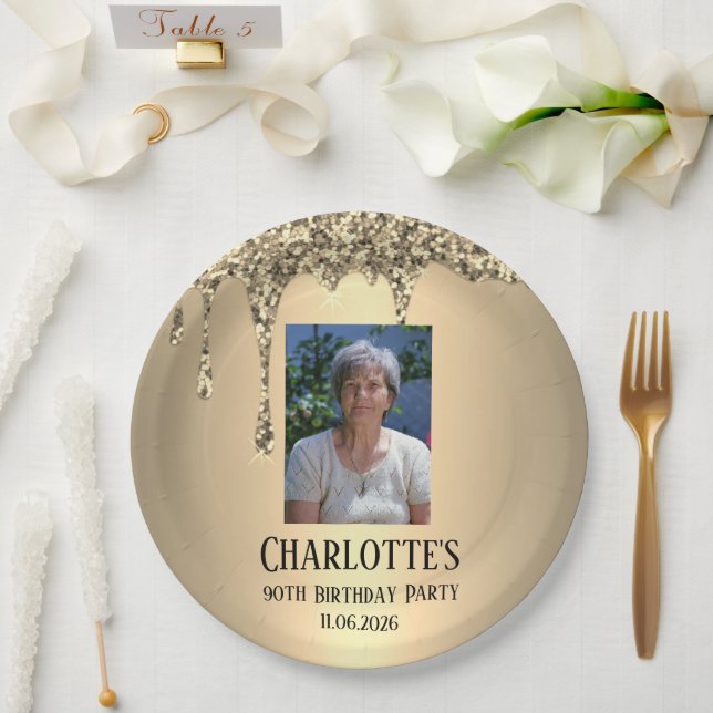 90th Ninety Elegant Birthday Party Gold Pappteller (Hochzeit)