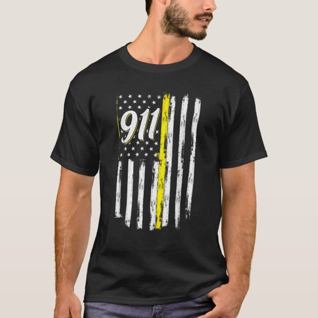 911 Dispatcher Thin Yellow Line Police USA Flag T-Shirt (Vorderseite)