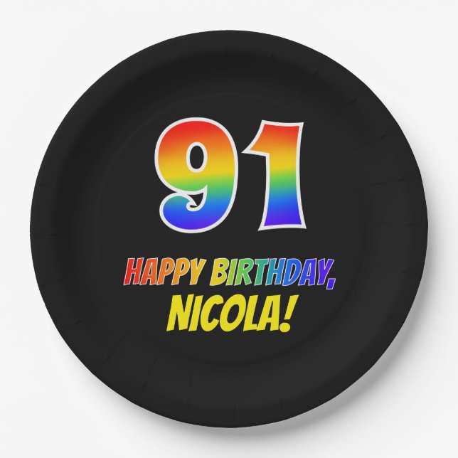 91. Geburtstag: Bold, Fun, Simple, Rainbow 91 Pappteller (Vorderseite)