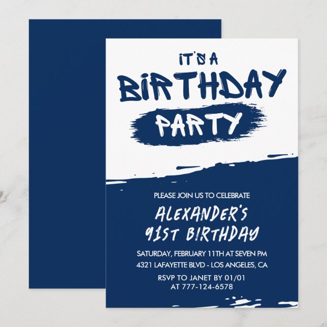 91. Geburtstag Einladungen Männer Graffiti Navy Bl (Vorne/Hinten)
